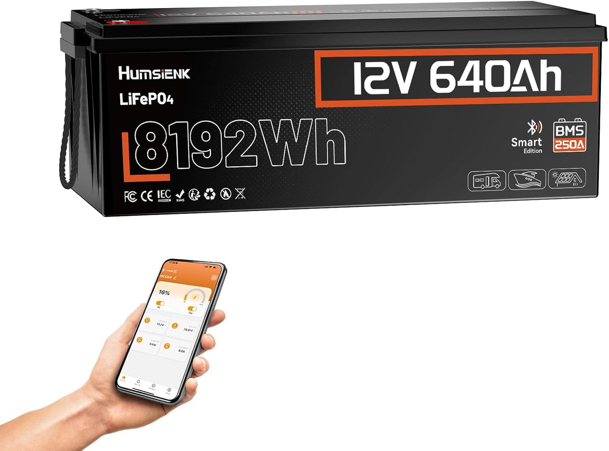 HumsiENK 12V 640Ah LiFePO4 Lithium-Akku mit Bluetooth, max. 8192Wh Leistung. für netzunabhängige Systeme, 250A BMS, über 15.000, IP65-Schutz
