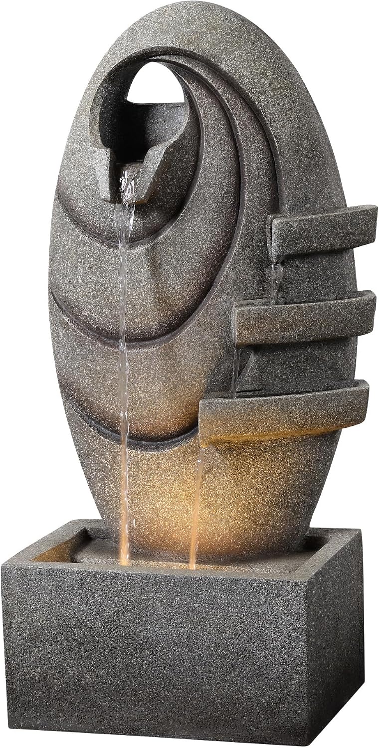 Teamson Home Garten Outdoor Brunnen Moderner Ovaler Brunnen mit warmen LED-Lichtern, Einstellbarer Fluss, Robustes dunkelgraues Steinoptik-Finish