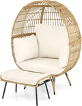 COSTWAY Korbsessel Rattan mit Hocker, übergroßer Gartensessel mit Kissen und Metallgestell, Loungesessel für Balkon, Rattansessel XXL, Garten, Beige