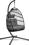 Swoods Hängesessel mit Gestell, bis 150 kg, Hängstuhl mit Großen Kissen, Hängesessel Outdoor, Indoor und Outdoor, Klapbarer Rattensessel, Dunkelgrau