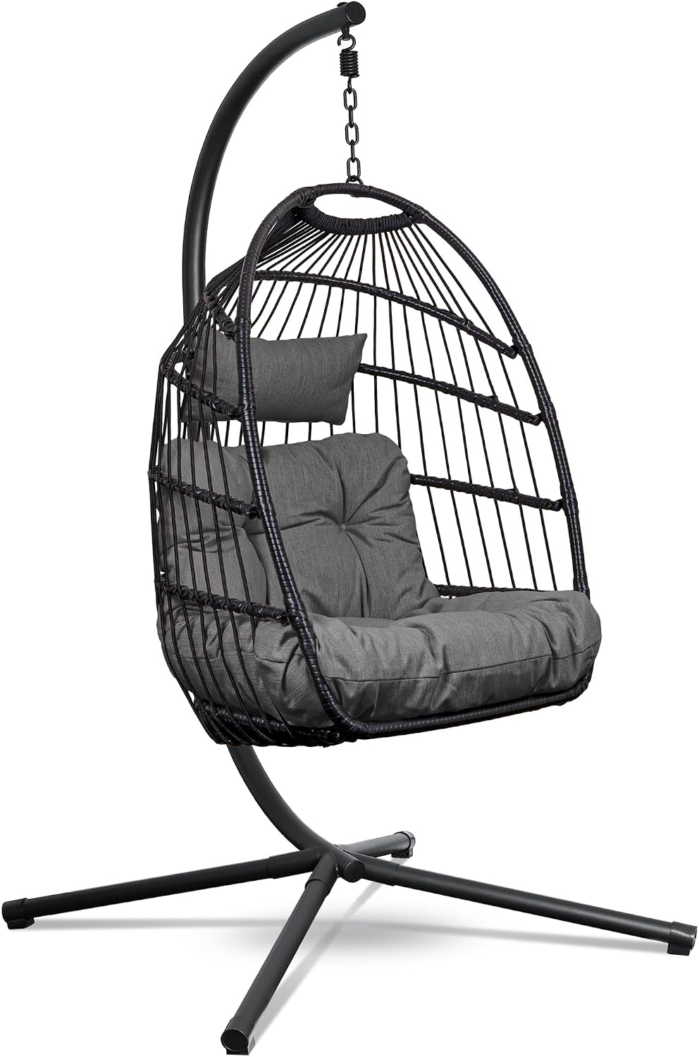 Swoods Hängesessel mit Gestell, bis 150 kg, Hängstuhl mit Großen Kissen, Hängesessel Outdoor, Indoor und Outdoor, Klapbarer Rattensessel, Dunkelgrau
