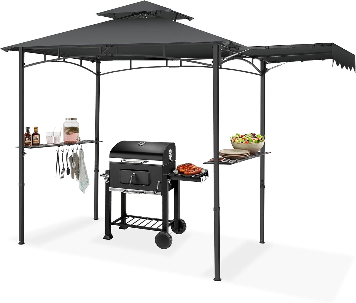 tectake Grillpavillon 316 x 150 x 250 cm, BBQ Pavillon, Grill Überdachung, Pavillon Garten, wetterfest, klappbare Seitenmarkise, Gitterablagen