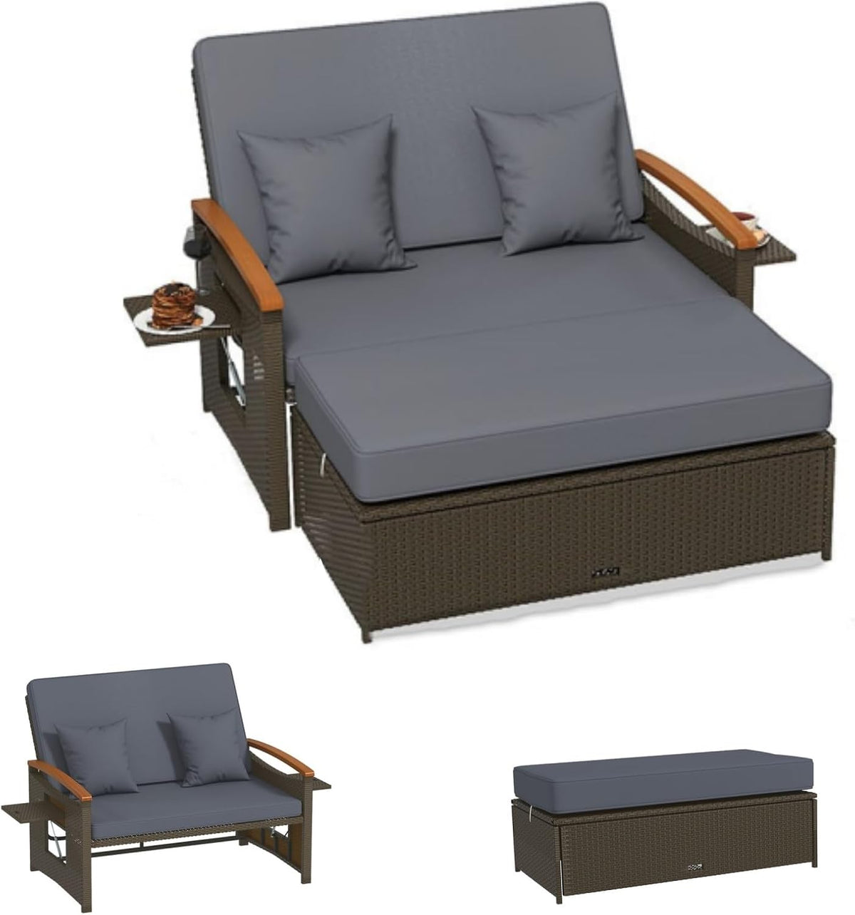 LIFEZEAL Rattan Gartenlounge Set, Outdoor Sofa mit Stauraum, Gartensofa mit Liegefunktion, Loungemöbel 2 Personen für Garten, Lounge Möbel Outdoor