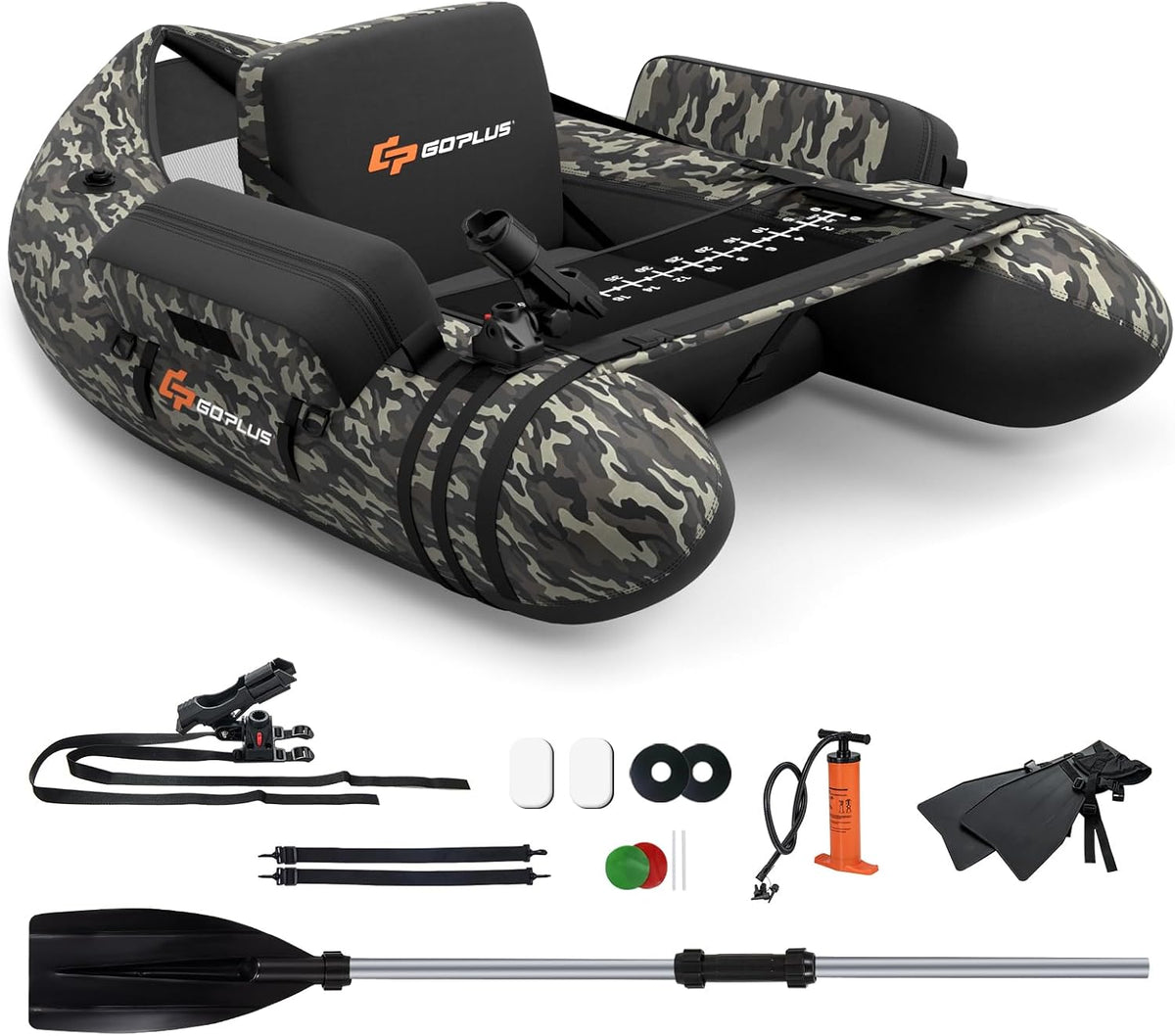 GOPLUS Bellyboot, Pumpe, Belly Boat bis 150 kg belastbar, 135 x 109 x 54 cm, aufblasbares Schlauchboot zum Angeln mit Alu Paddel, Flossen, Fischlineal