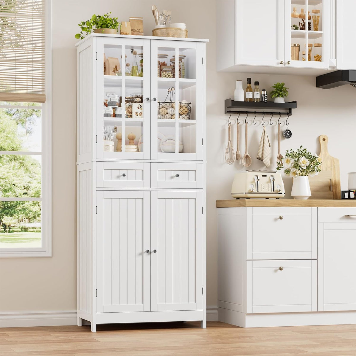 HOCSOK Küchenschrank, 180 cm Buffetschrank Vorratsschrank, 2 Glastüren, Weiß