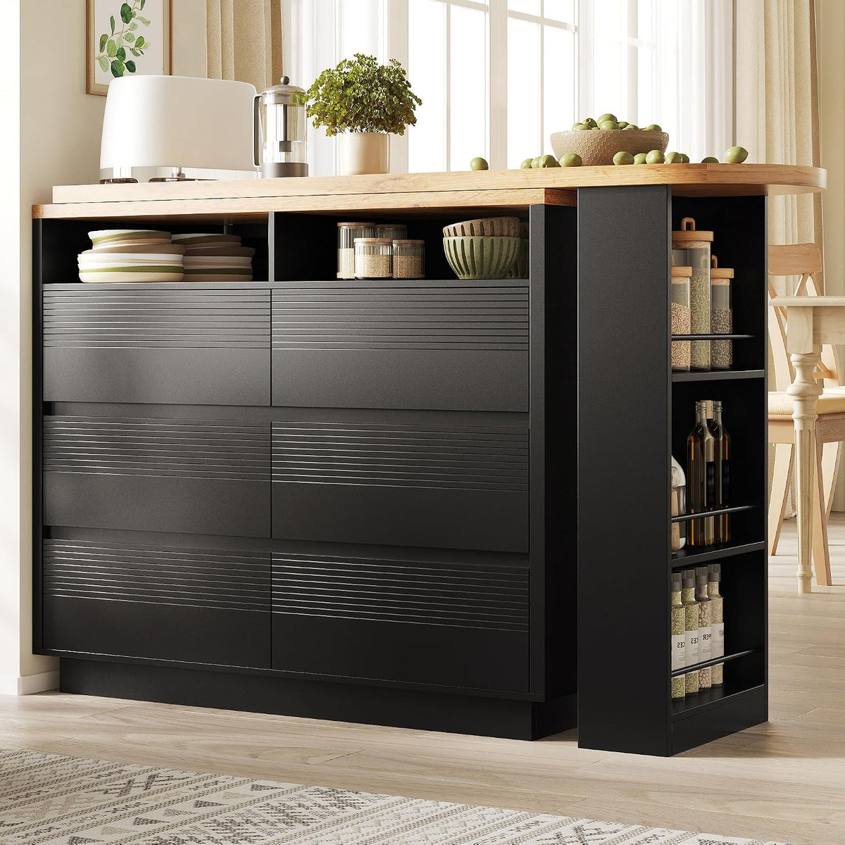 Ausziehbarer Bartisch mit Stauraum(137-215×39×102.3cm), Teleskopischer Bartisch mit sechs Schubladen, Moderner Beweglicher Bar Table