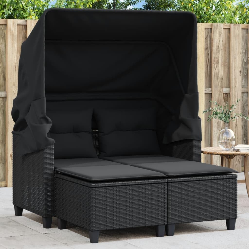 Gartensofa 2-Sitzer mit Dach und Hockern Schwarz Poly Rattan Gartebmöbel Gartengarnitur mit Vordach