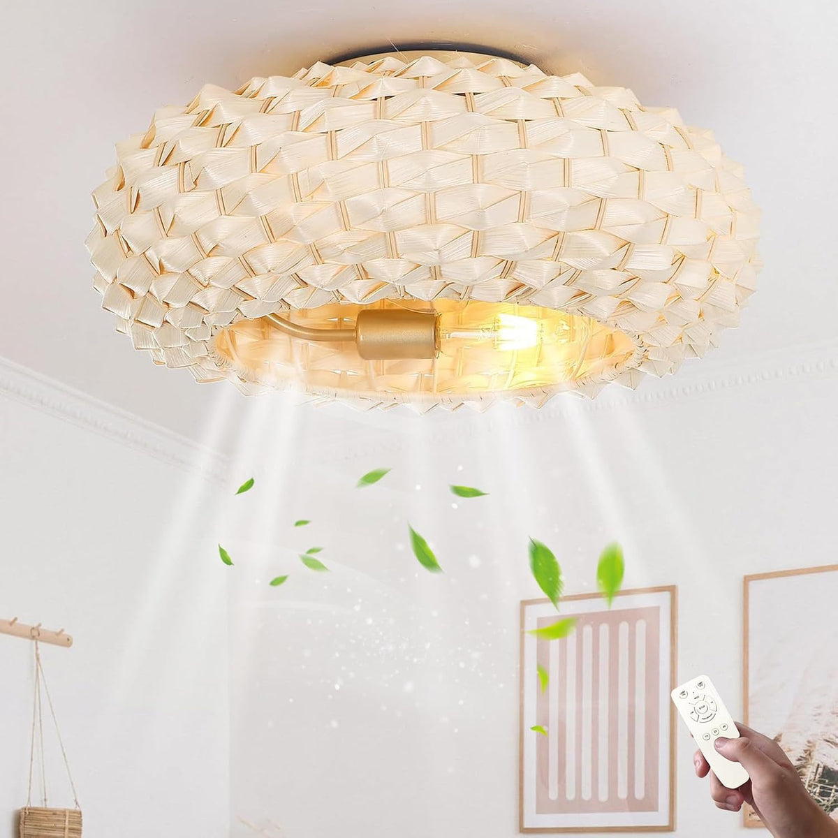 KZT Retro Deckenventilator mit Beleuchtung und Fernbedienung E27 Lampe Leise Ventilator Deckenlampe Vintage Rattan Lampenschirm Bambus Fan
