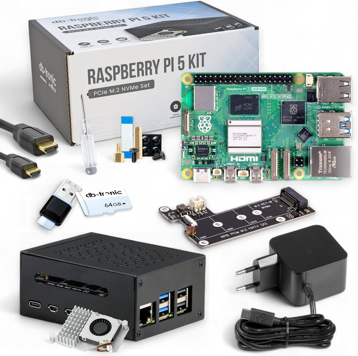 Raspberry Pi 5 16GB PCIe M.2 NVMe, 64GB Edition, 27W Netzteil, für Smart Home, Set, Metallgehäuse, Active Cooler, M.2 NVMe SSD PCIe Board