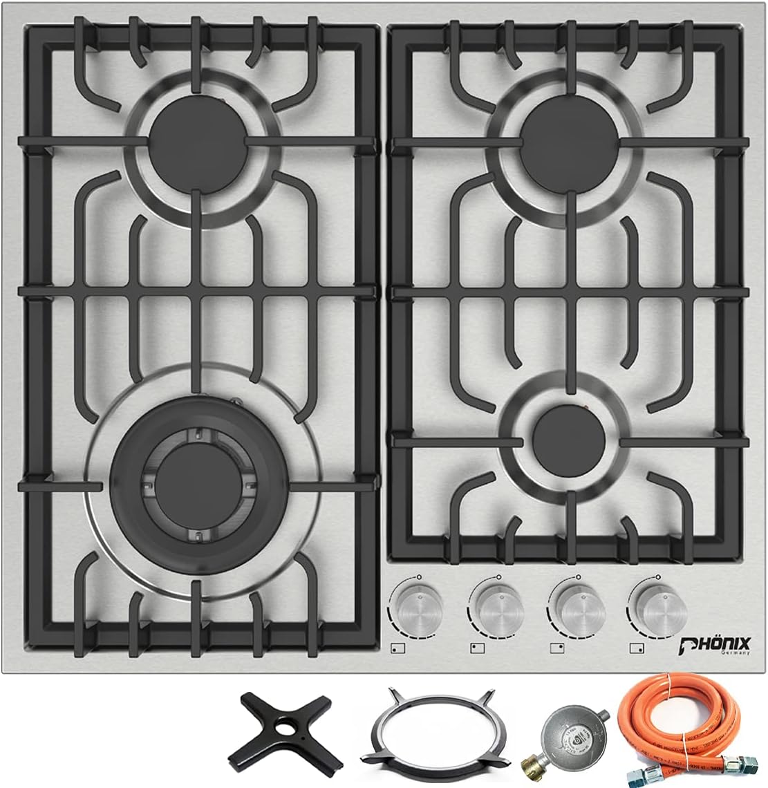 Phönix PS-604L Einbau Gaskochfeld Edelstahl Gaskocher 4 flammig Propan-/ Erdgas inkl. Gasschlauch-Regler Set für Propangasflaschen + Guss WOK Aufsatz