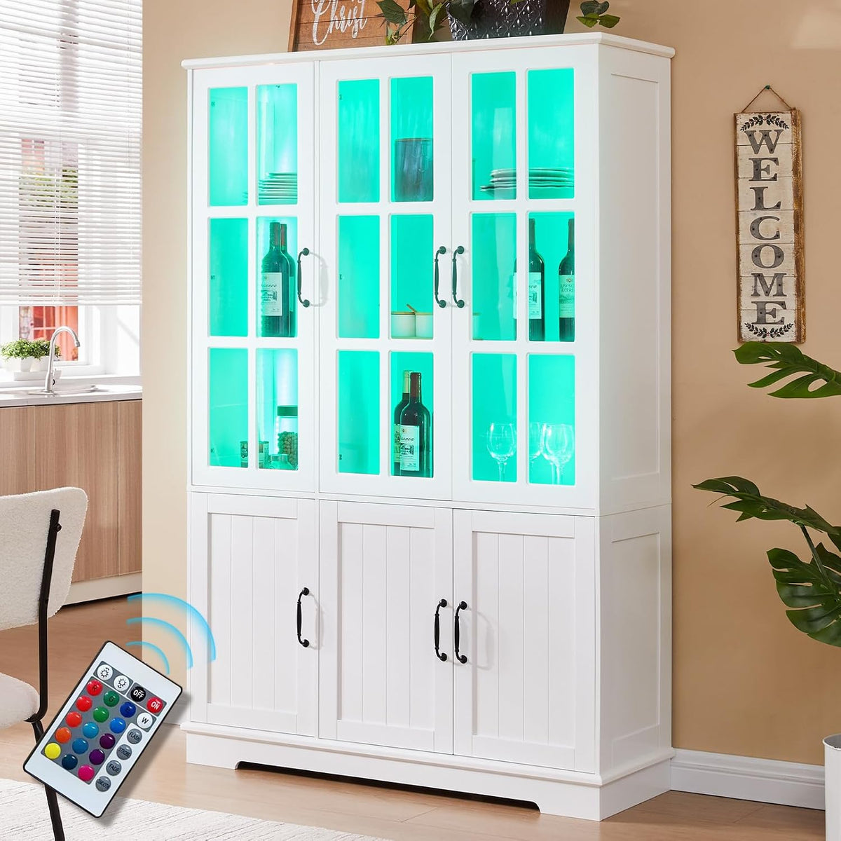 LUXOAK 180 cm Buffetschrank mit LED, 6 Türen, Vitrinenschrank, Weiß