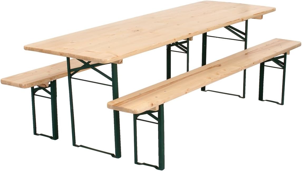 METRO Professional Bierzeltgarnitur, 1 Bier-Tisch 220 x 70 cm, 3-TLG. Gartenmöbel Set, 2 Bierbänke 220 x 25 cm, Klappbar, Naturbraun/Grün