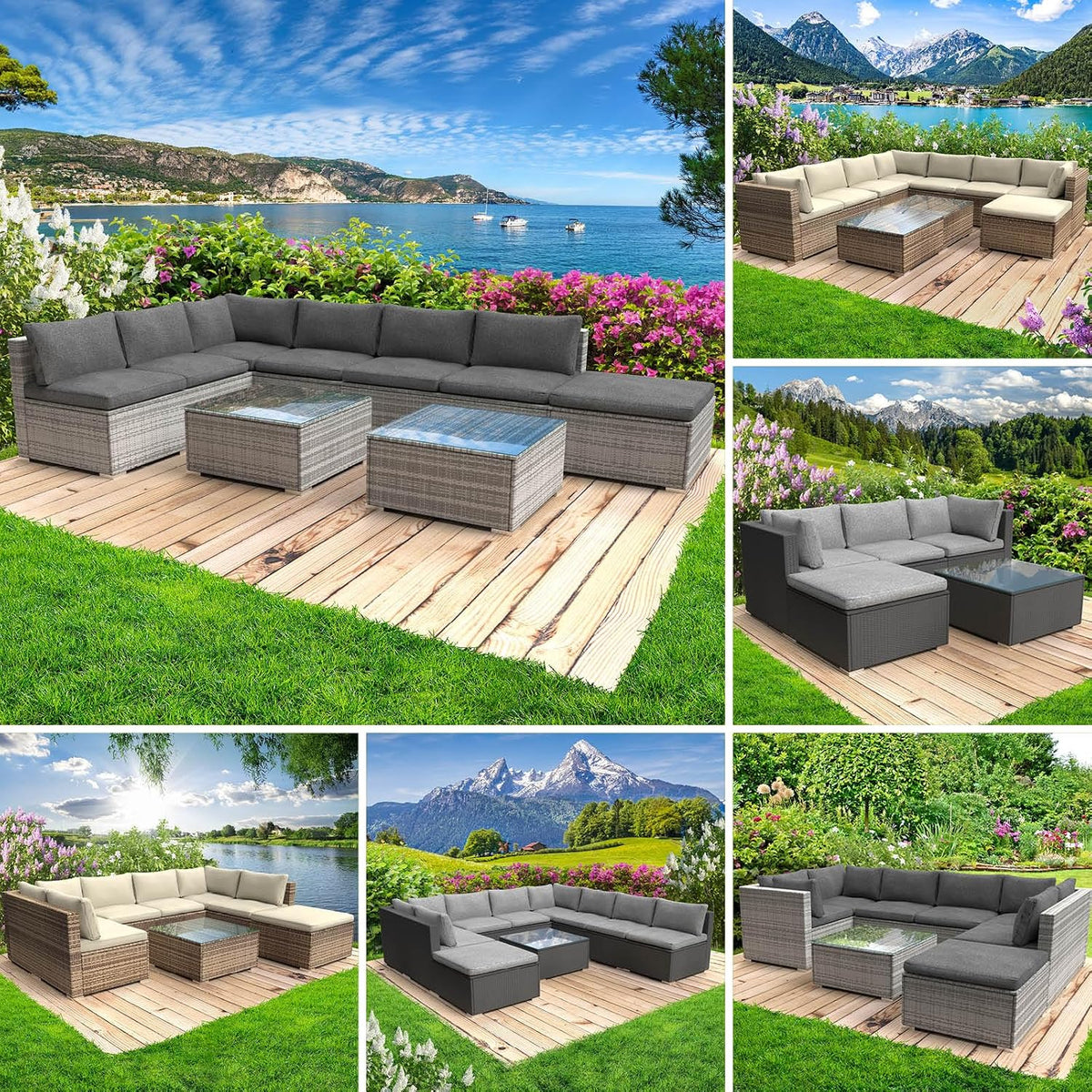 BRAST Gartenmöbel Lounge Set, 6-7 Personen viele Modelle & Farben, inkl. extra Dicke Kissen, Outdoor Loungemöbel Sitzgruppe Essgruppe Garnitur