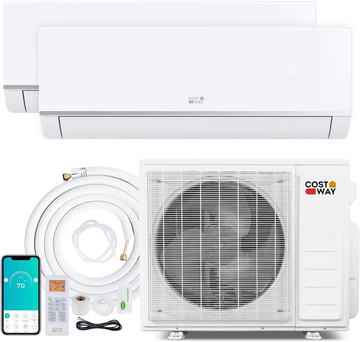 COSTWAY 20K Dual 2 Zone Mini Split AC/Heating System, 208/230V (Blast Pro Series), Line Set Included, SEER2