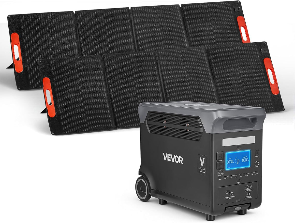 VEVOR Tragbare Powerstation, mit 2 Stk. 200-W-Solarpanels, 3000-W-Solargenerator, 3072-Wh-LiFePO4-Akku & 13 Ausgängen, für Notfälle zu Hause