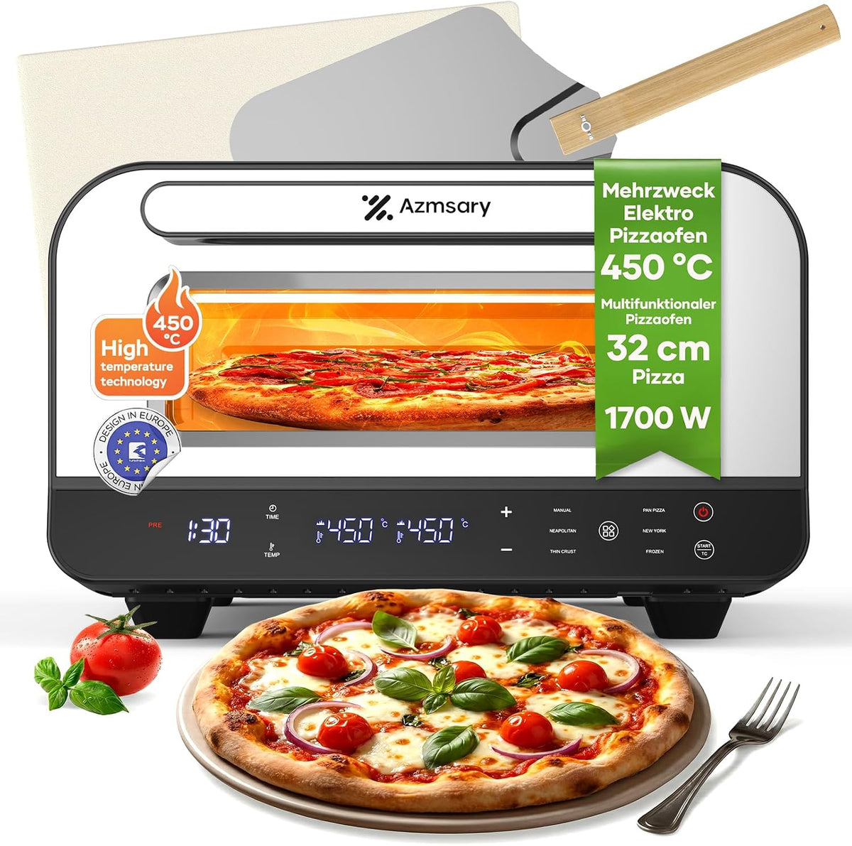 Elektrischer Pizzaofen, geeignet für 32cm Pizzen, 1700W, 5-in-1-Multifunktion: Pizza, max. 450°C, 6 Programme, Grillen, Warmhalten, Backen und Kochen