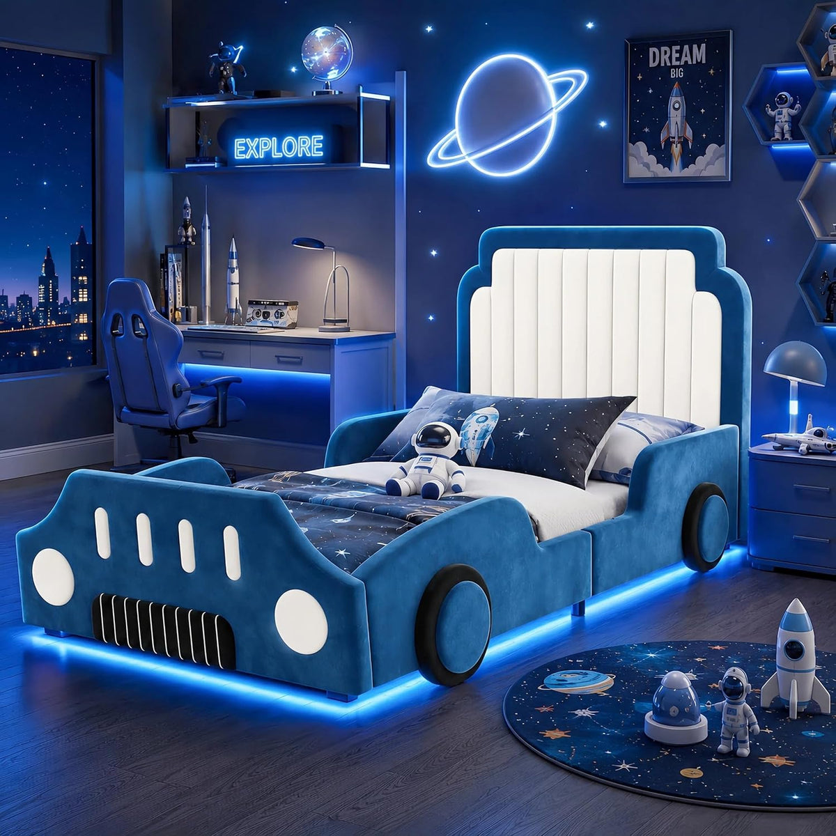 Kinderbett Polsterbett 90x200, Ohne Matratze, Autoförmiges Einzelbett mit LED-Beleuchtung und gepolstertem Kopfteil, Samt, Blau