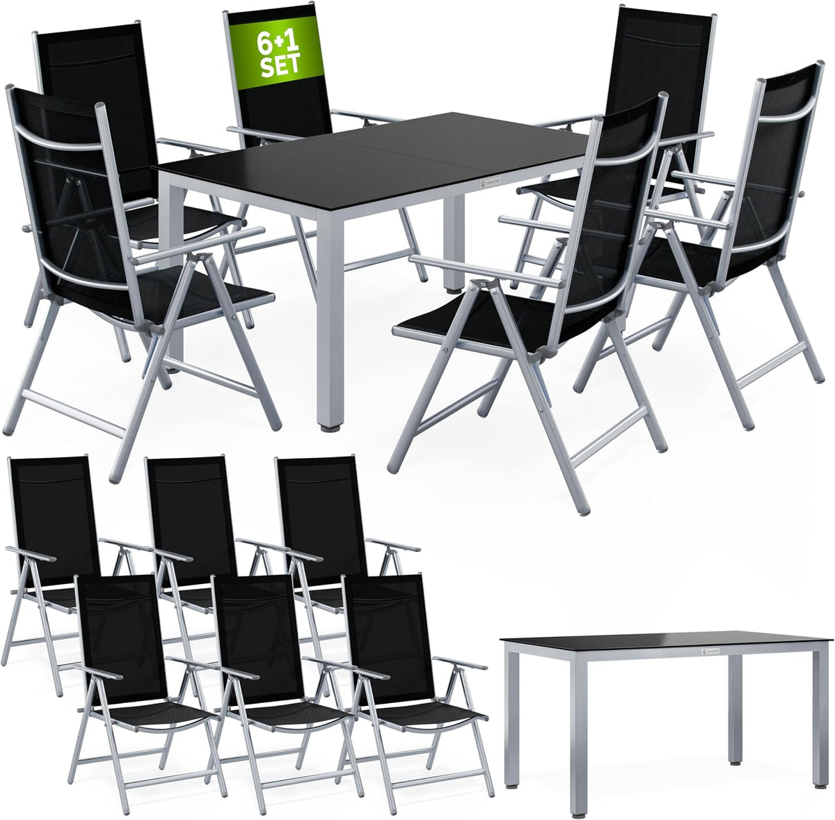 Casaria Gartenmöbel Set 6 Stühle mit Tisch 150x90cm Aluminium Sicherheitsglas Wetterfest Klappbar Modern Terrasse Balkon Möbel Sitzgruppe Garnitur