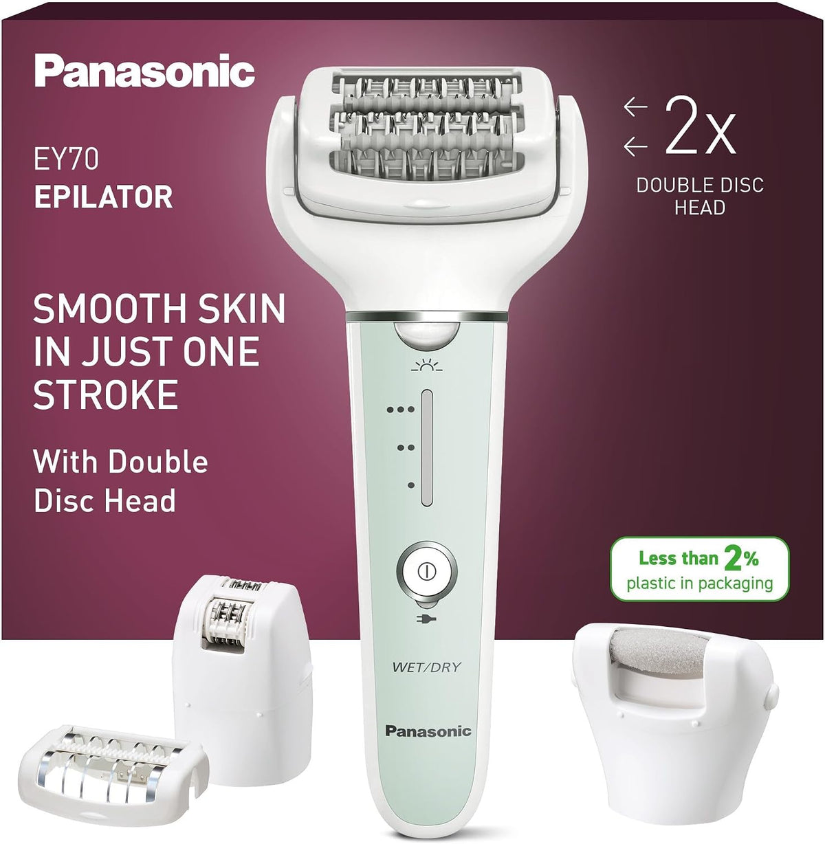 Panasonic ES-EY70 Nass/Trockenepilierer Damen, Dual Disc mit 60 Pinzetten, 90° schwenkbarer Kopf, 3 Geschwindigkeiten & LED-Licht, 30 Min. Betrieb
