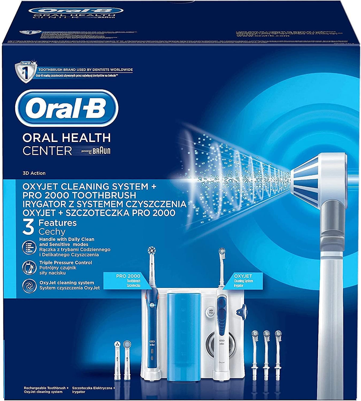 Oral-B Pro 2000 Elektrische Zahnbürste mit OxyJet Munddusche, weiß/blau (1erPack), Set für Zahnreinigung und Zahnpflege, 3 Aufsteckbürsten