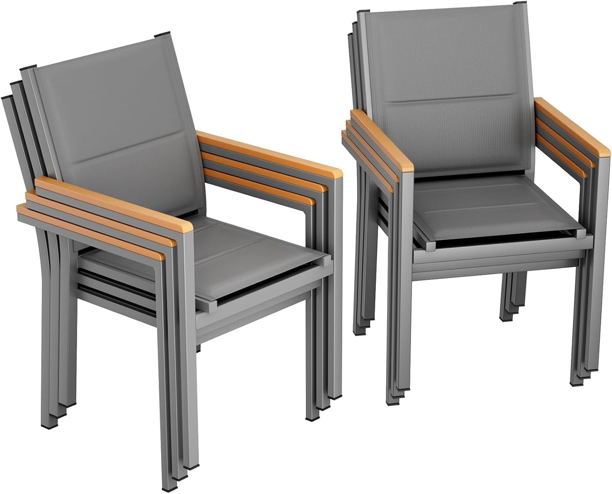 LIFERUN Gartenstuhl 6er Set, Pool, mit Gesteppte Rückenlehne & Sitzfläche, für Terrasse, Aluminium, Stapelbarer Esszimmerstuhl, WPC Handlauf, Balkon