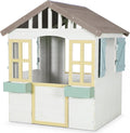 Design Kinder Spielhaus Holz mit 2 Pflanzkästen und magn. Tür + Fenster, Gartenhaus 115x101x130 cm, weiß grau bunt