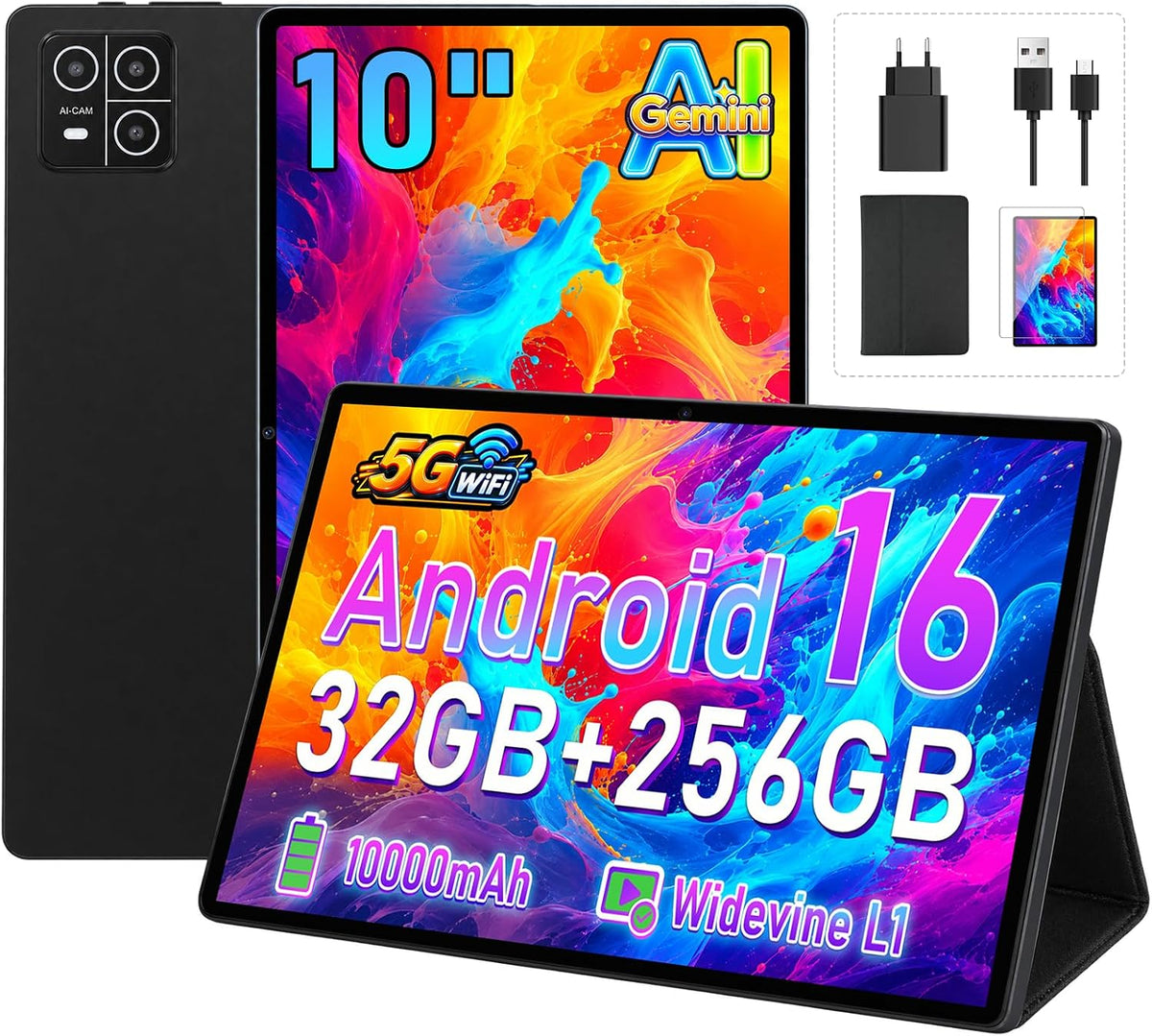 2026 Neuestes Android 16 Tablet, GPS/WideVine L1/5G/WLAN/1920 × 1080/10000 mAh, 10 Zoll Gemini AI, Tablet mit stoßfester Silikonhülle, Schwarz