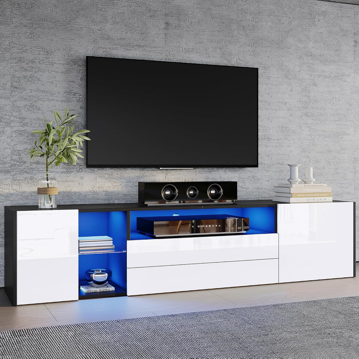 Merax TV-Schrank mit LED, 180cm, TV-ständer für Fernseher bis zu 75 Zoll, Fernsehschrank Hochglanz mit 2 Türen und 2 Schubladen, Schlafzimmer