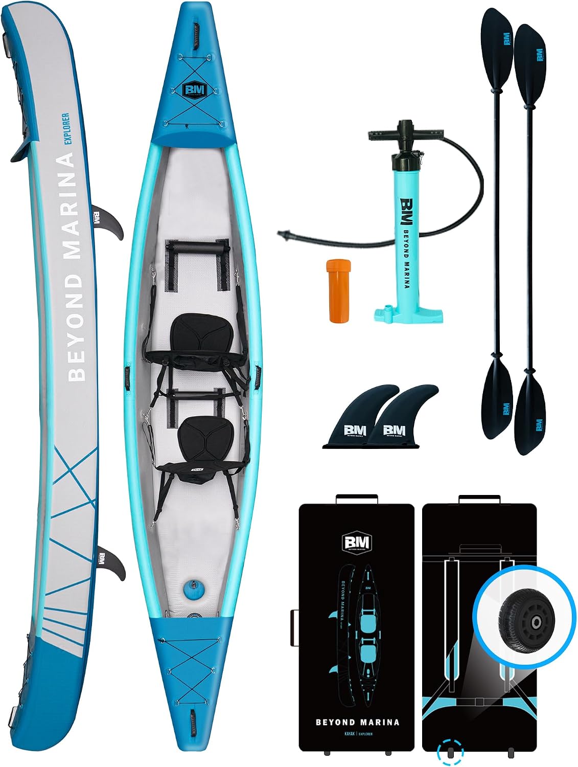 BEYOND MARINA Aufblasbares Kajak für 1, 380 cm/420 cm/460 cm, Pumpe, Drop-Stitch Tandem Kayak Set für Erwachsene mit Paddeln, 2, 3 Personen, Sitzen