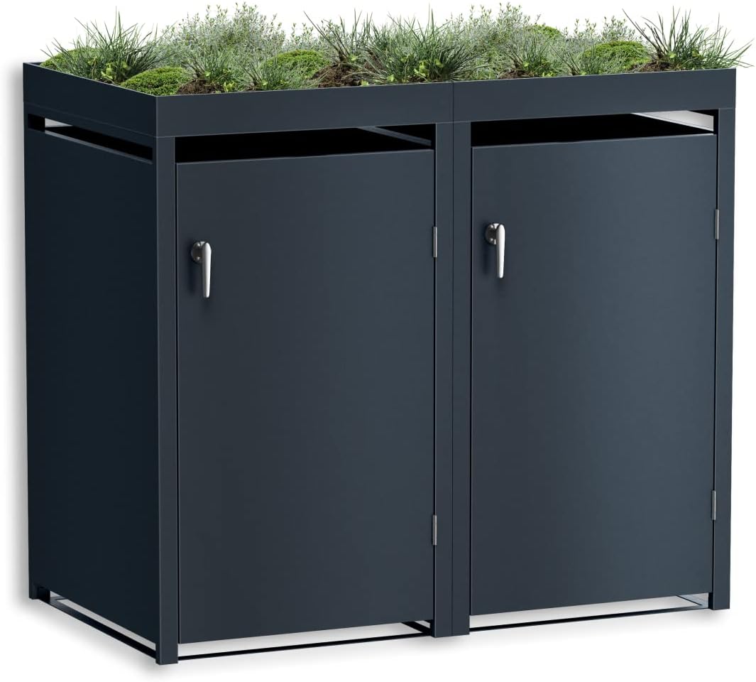 Metzler Mülltonnenbox in Anthrazit mit Pflanzdach 2er 240L, Mülltonnenverkleidung 2 Tonnen, abschließbar, Garten- und Müllbox