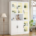 Rtopsu Vitrine Weiß Sideboard Standschrank mit LED-Beleuchtung, Vorratsschrank Bücherregale Acryltüren Schrank mit 6 Türen und 9 Stauraum Schränken