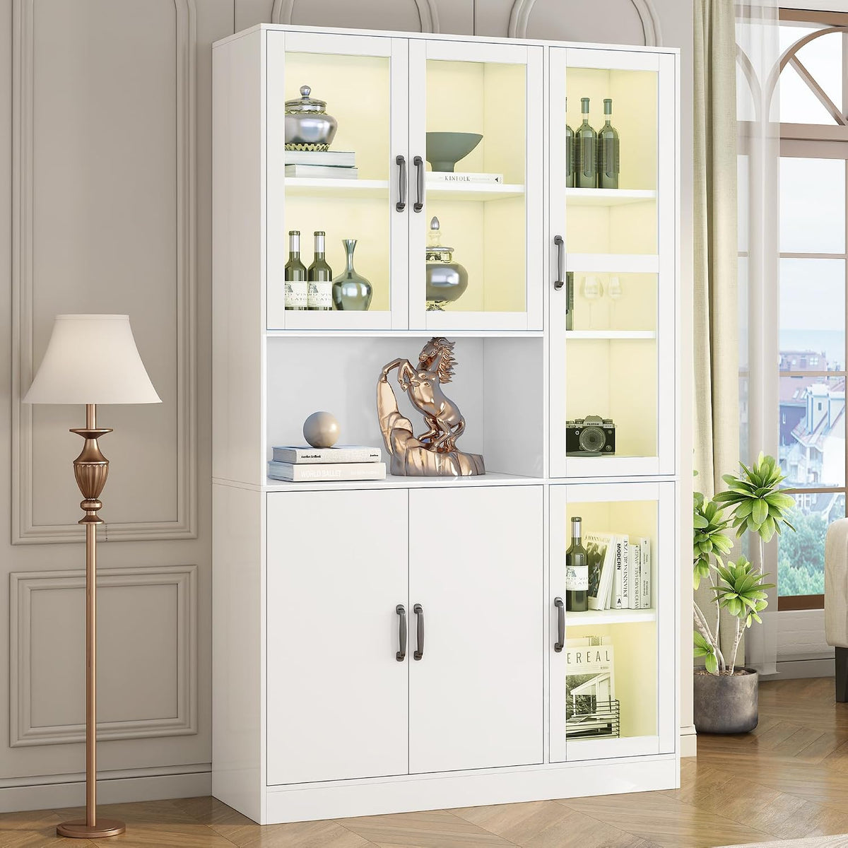 Rtopsu Vitrine Weiß Sideboard Standschrank mit LED-Beleuchtung, Vorratsschrank Bücherregale Acryltüren Schrank mit 6 Türen und 9 Stauraum Schränken