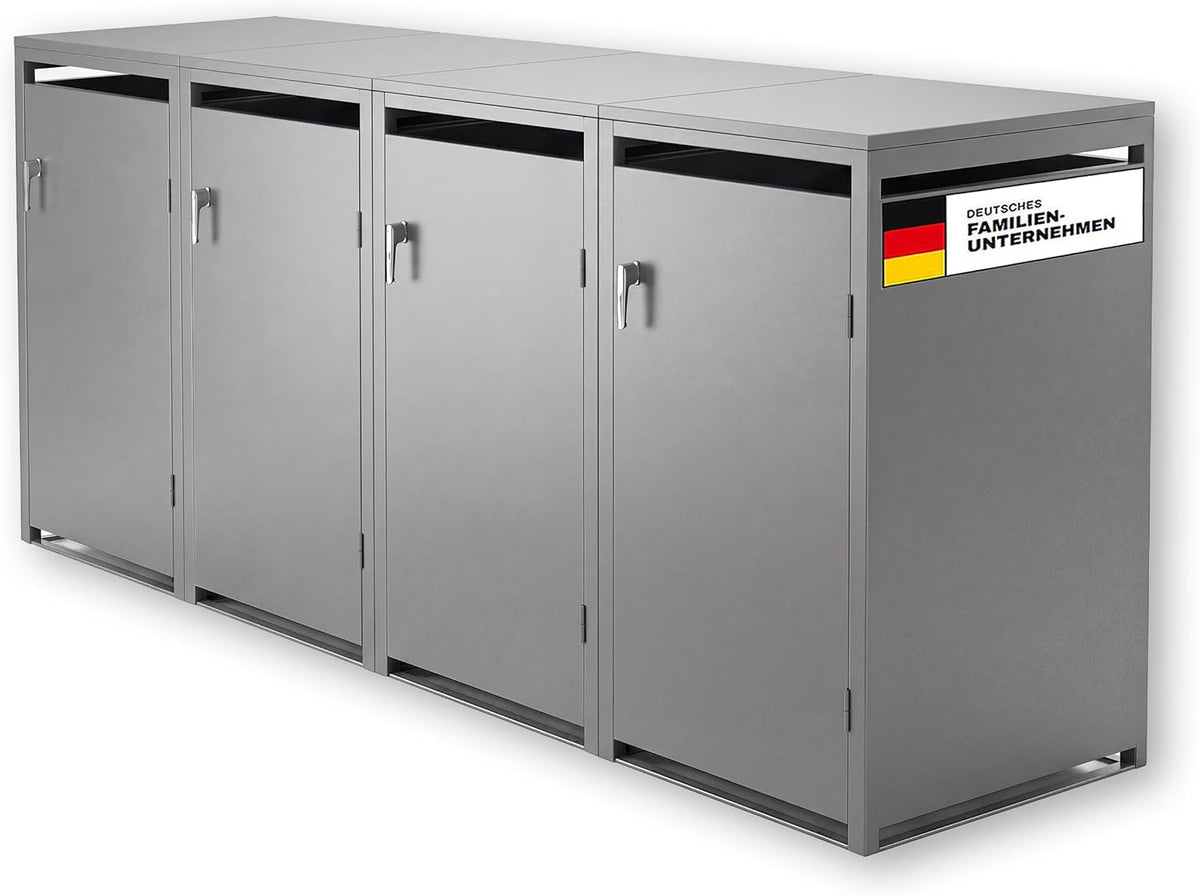 Metzler Mülltonnenbox 4er 240L in Graualuminium, pulverbeschichteter & witterungsbeständiger Stahl in RAL9007, Müllbox rostfrei