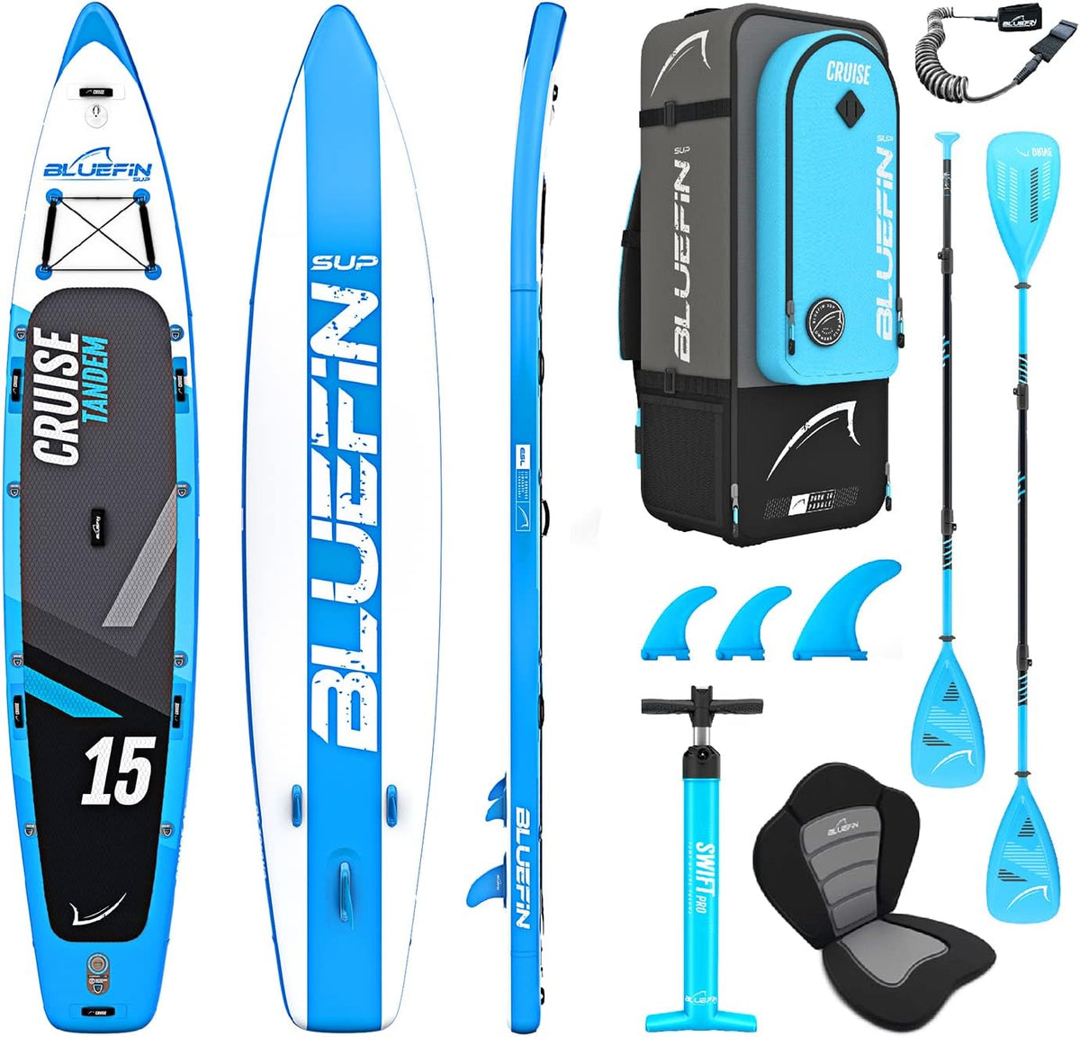 Bluefin Cruise Premium Stand Up Paddle Set, Fiberglas-Paddel und Pumpe, Aufblasbares Paddleboard für Erwachsene, SUP Paket mit Rucksack