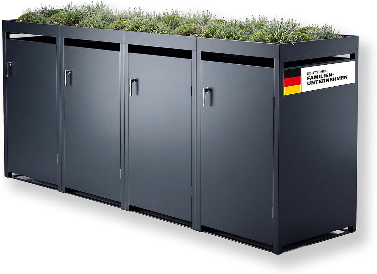 Metzler Mülltonnenbox in Anthrazit mit Pflanzdach 4er 240L, Mülltonnenverkleidung 4 Tonnen, abschließbar, Garten- und Müllbox