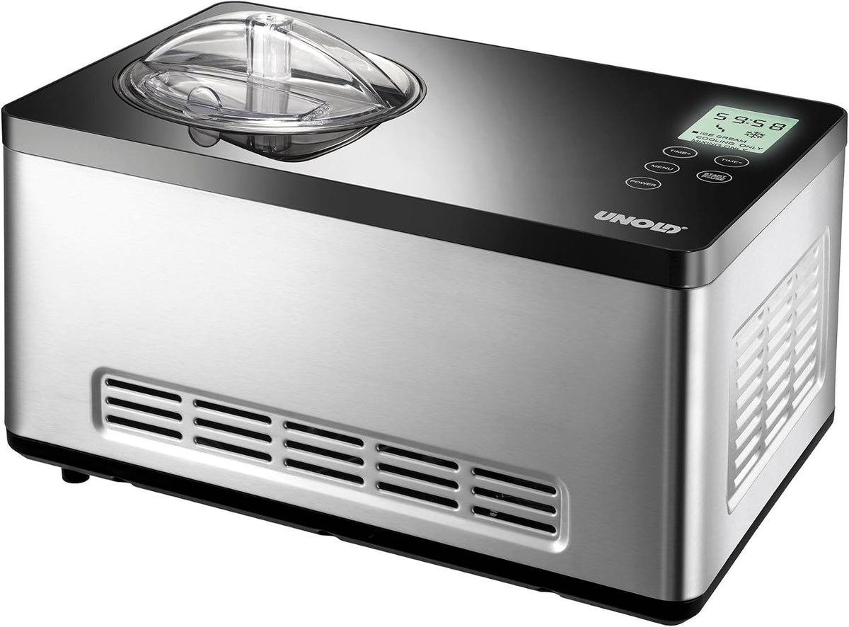 UNOLD 48845 Eismaschine Gusto, 180 W, 2 L Volumen, mit selbstkühlendem Kompressor, elegantes Edelstahlgehäuse, LCD-Display, Digitaler Timer