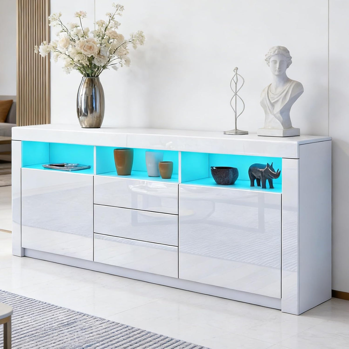 Sideboard Hochglanz Matt Anrichte Schrank mit 2 Türen 3 Schubladen & LED Beleuchtung TV Lowboard Für Esszimmer Wohnzimmer Möbel Weiß