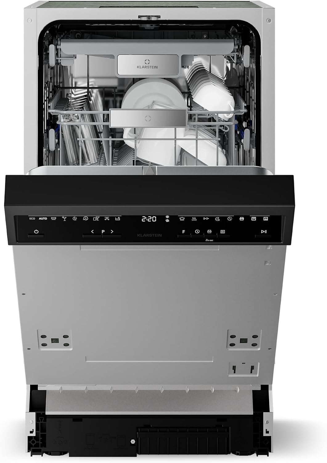 Klarstein Velaire Geschirrspüler 45cm, 42 dB, Spülmaschine teilintegriert, Halbintegriert, 10 Plätze, 9 Programme, B Energieklasse, AquaStop
