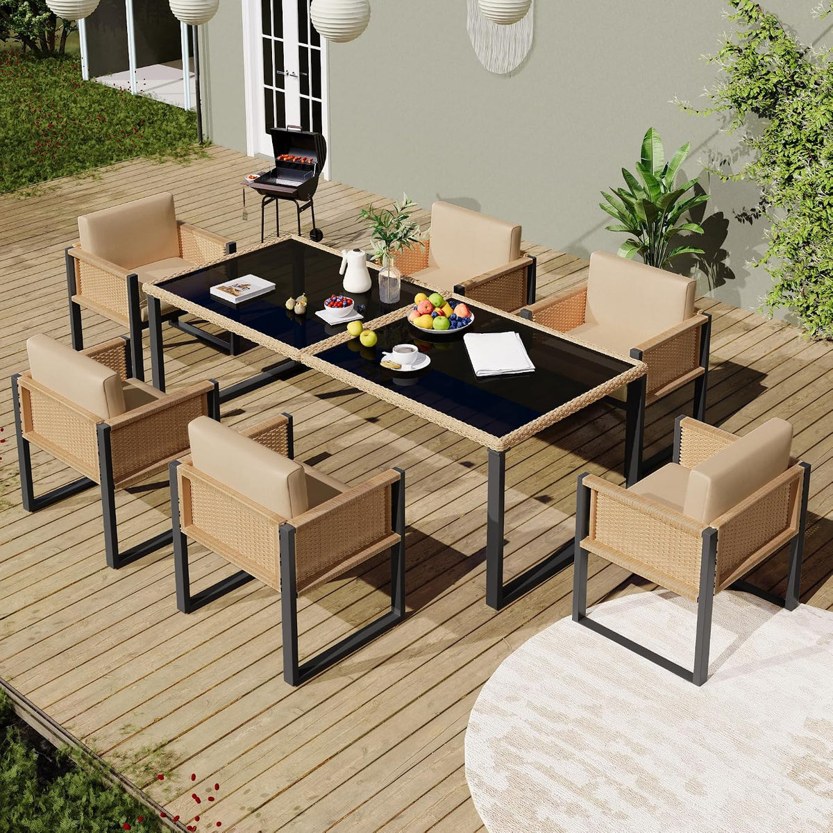 Merax Gartenmöbel Set 6-Personen, Outdoor Balkonmöbel mit Esstisch, Polyrattan-Terrassenmöbel mit Abnehmbar und Waschbar Kissen für Garten, Terrasse